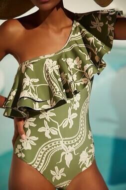 Encantadore Green Floral Print One Shoulder Ruffle Abigail Swimsuit S